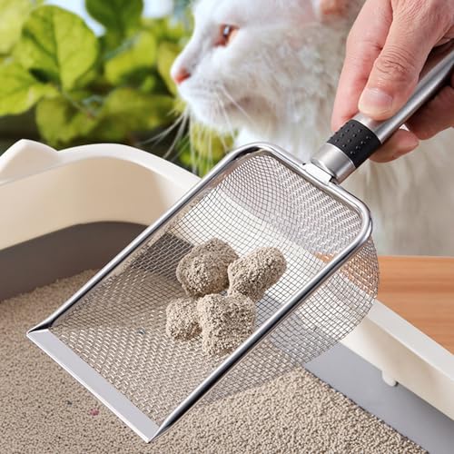 Metal Cat Litter Scoop, Stainless Steel Kitty Shovel Easy Clean Pooper Scooper with Hanging Hole Long Handle Sifter