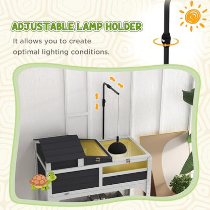 PawHut Tortoise Habitat with Adjustable Lamp Holder, 2 Layer Tortoise Enclosure with Storage Shelf, Removable Main House, Fixed Tray, Openable Lid, Gray - color: Gray