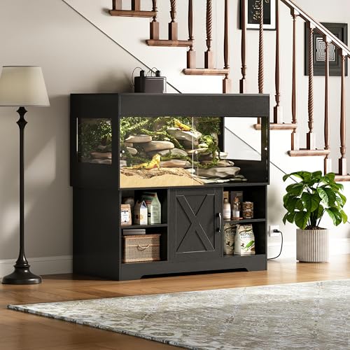 Herture 120 Gallon Reptile Tank with Stand, 4x2x2 Terrarium Enclosure for Bearded Dragons, Snakes, Lizards – Sliding Acrylic Doors, Mesh Top, Storage Cabinet, Built-in Power Outlet Black PX01RTB - color: Black, size: 120 Gallon