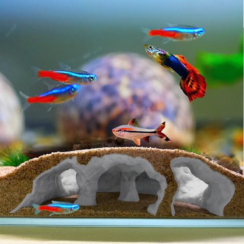 LIYAOLI Aquarium Cave Tunnel 3D Printed - Fish Tank Decoration Natural Fish Hideout for Pleco, Shrimp & Corydoras | Sinking Base & Viewing Ports | Substrate-Friendly Decor (7.3" Under Gravel Design) - color: Grey - 01