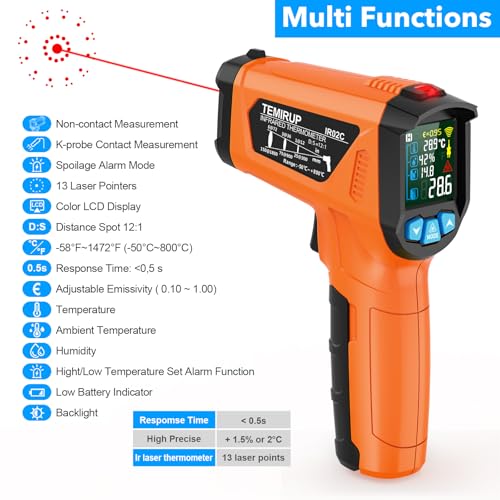 Infrared Thermometer Gun, TEMIRUP Digital Laser Temperature Gun, -58°F to 1472°F, Non Contact IR Temp Gun with Color LCD for Industrial, Cooking, Griddle, Engine, HVAC,Adjustable Emissivity & Humidity - color: Orange -58°F~1472°F (-50°C~800°C)