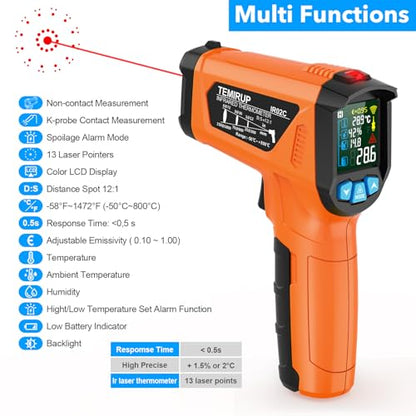 Infrared Thermometer Gun, TEMIRUP Digital Laser Temperature Gun, -58°F to 1472°F, Non Contact IR Temp Gun with Color LCD for Industrial, Cooking, Griddle, Engine, HVAC,Adjustable Emissivity & Humidity - color: Orange -58°F~1472°F (-50°C~800°C)