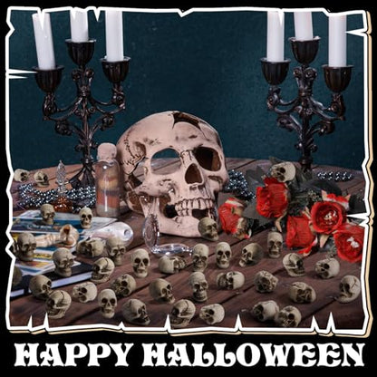 Arrowbash 100 Pcs Mini Skull Figurines Bulk Small Halloween Skeleton Head Statues Miniature Resin Skull Decoration Realistic Fake Human Skeleton Head Figure for Halloween Party Favors Home Table Decor - style: Skull