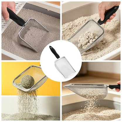 Stainless Steel Mesh Litter Shovel, Metal Non-Slip Black Handle Sifter, Fine Mesh Reptile Cleaner Scooper for Lizard Substrate, Reptile Terrarium Sand & Waste