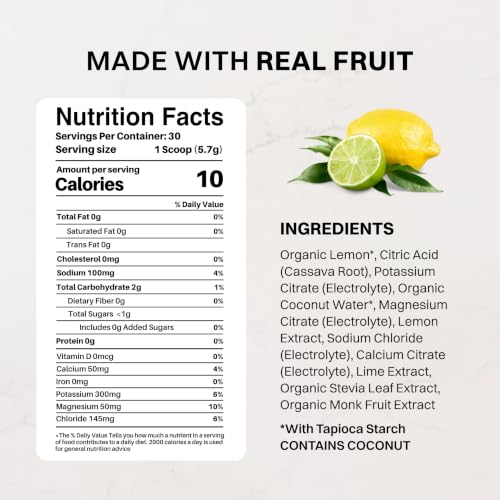 Lemon Lime Electrolytes – 30‑Serving Hydration Drink Mix with Coconut Water, Sea Salt, and Trace Minerals – Supports Energy, Recovery, and Electrolyte Balance* - size: 30 Servings