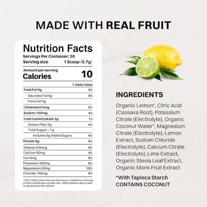 Lemon Lime Electrolytes – 30‑Serving Hydration Drink Mix with Coconut Water, Sea Salt, and Trace Minerals – Supports Energy, Recovery, and Electrolyte Balance* - size: 30 Servings