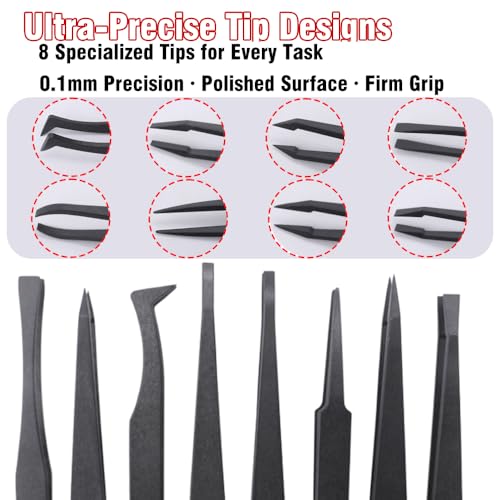 8Pcs Professional Anti-Static Precision Tweezers Set, 4.5-4.8 Inch Non-Conductive Plastic Tweezers with Curved & Straight Tips for Electronics Repair, Watchmaking, Crafts, and ESD-Sensitive Components