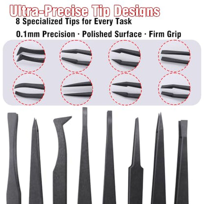 8Pcs Professional Anti-Static Precision Tweezers Set, 4.5-4.8 Inch Non-Conductive Plastic Tweezers with Curved & Straight Tips for Electronics Repair, Watchmaking, Crafts, and ESD-Sensitive Components
