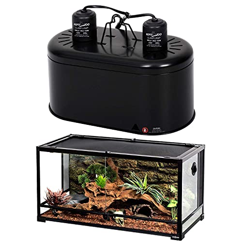 REPTI ZOO Dual Reptile Light Fixture and 49 Gallon Reptile Glass Tank Terrarium 2 in 1 Side Meshes and Side Glasses