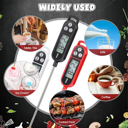 Copkim 6 Pcs Instant Read Meat Thermometer with Long Probe 9.65 Inch Kitchen Cooking Food Candy Waterproof Digital Thermometer for BBQ Water Milk Yogurt Liquid (Round&Square Ring,Black,White,Red) - color: Black, White, Red