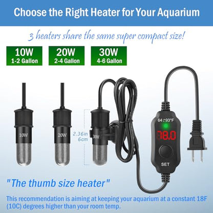 Super Mini Aquarium Heater 10W Betta Heater for 1-2 Gallon Tanks, Small Fish Tank Heater Turtle Heater with Dry-Run/Overheat Protection, Memory Function - size: For Tanks ≤ 2 Gal