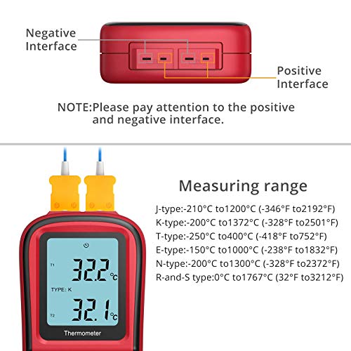 Kamtop Dual Channel Digital Thermocouple Thermometer, K-Type Temperature Meter with 2 Thermocouple Probes, T1/T2 & T1-T2 Measurement, Backlit LCD, MAX/MIN/AVG/Hold, Supports K/J/T/E/R/S/N