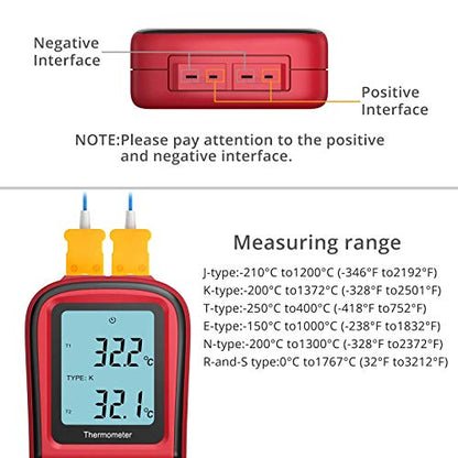 Kamtop Dual Channel Digital Thermocouple Thermometer, K-Type Temperature Meter with 2 Thermocouple Probes, T1/T2 & T1-T2 Measurement, Backlit LCD, MAX/MIN/AVG/Hold, Supports K/J/T/E/R/S/N