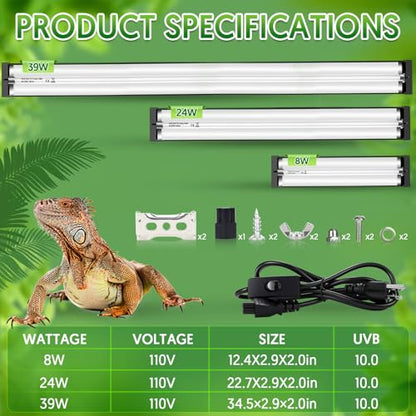 QZQ T5 UVB Reptile Light Fixture Combo Kit 8W, 10.0 UVB Light for Reptiles, Terrarium Hood Comes with Desert UVB Lamp for Bearded Dragon, Gecko, Tortoise, Lizard - size: 8W-10.0-12.4IN