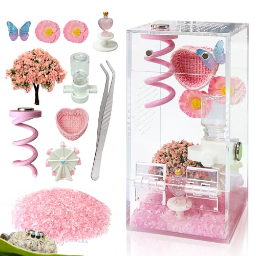 Jumping Spider Enclosure,DIY Insects Habitat,Small Reptile Terrarium Glass House Accessories Set,with Jumping Platform Hide Water Feeder (Pink B) - color: Pink B
