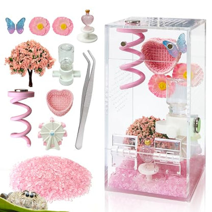 Jumping Spider Enclosure,DIY Insects Habitat,Small Reptile Terrarium Glass House Accessories Set,with Jumping Platform Hide Water Feeder (Pink B) - color: Pink B