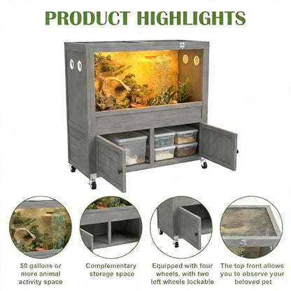 COCO DESIGN 45 Gallon Reptile Tank, Bearded Dragon Tank Reptile Enclosure with Mesh Top Fron, Integrated Sliding Lockable Doors with Storage Cabinet Large Habitat for Snake Tank Lizard Turtle