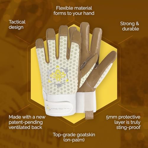 Professional Beekeeping Gloves, Premium 5mm Goatskin w/Patented Ventilation & Dexterity - Beekeeping Supplies - color: Off-white, size: Small
