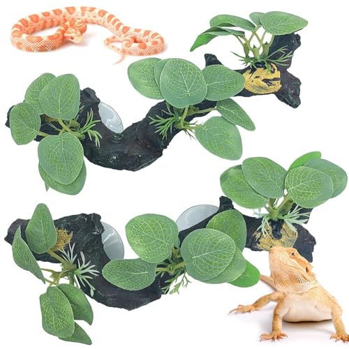 kathson 2 PCS Reptile Corner Branch Resin Snake Climbing Accessories with Leaves Terrarium Plant Decoration with Suction Cup for Bearded Dragon Lizard Frog Gecko Spider Climbing 7.8 x 3.1 x 1.4 inches - color: Green