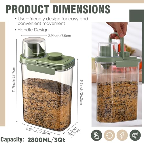 Maxdot 2 Pcs Bird Seed Storage Container 3 Qt/2.8 L with Tight Lids Airtight Cup Pet Food Storage Measuring Containers Lids with Pouring Spouts for Macaws African Grey Cockatoos (Green) - color: Green