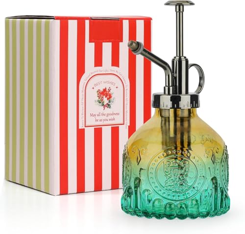 T4U Glass Plant Mister 200ML, Vintage Spray Bottle with Top Pump Fine Mist Garden Flower Sprayer Small Decorative Spritzer Watering Can Gift for Indoor Outdoor Succulent House Plant (Gradient Color) - color: Gradient Green