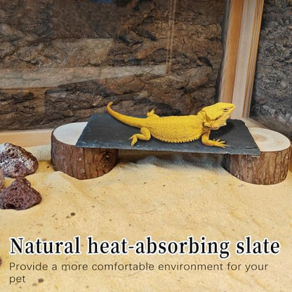 Bearded Dragon Basking Platform,Reptile Basking Platform Slate Rocks with Wooden Pile,Leopard Gecko Hides and Caves Climbing Tank Accessories for Lizards Snakes Tortoise Ball Python(Small)