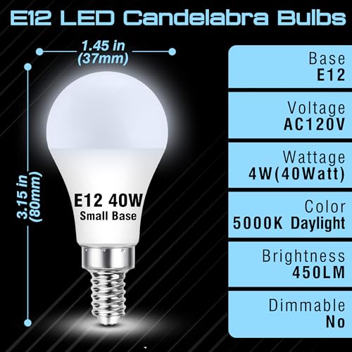 E12 LED Candelabra Light Bulb, 40W Equivalent Daylight White 5000K, 4W 450LM AC120V, E12 Small Base LED Light Bulbs for Chandelier Wall Sconces Ceiling Fan Lighting, Non-Dimmable, 4 Pack - color: Daylight White, size: 40 Watts