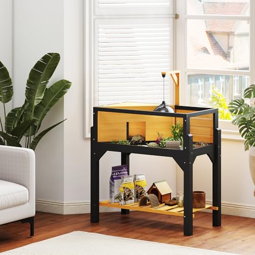 Reptile Enclosure with Storage Shelf, 35.4”H Tortoise Habitat with 2 Rooms & Lamp Holder, Indoor Wooden Cage for Bearded Dragon, Lizard, Snake - Black or Yellow - color: P-6