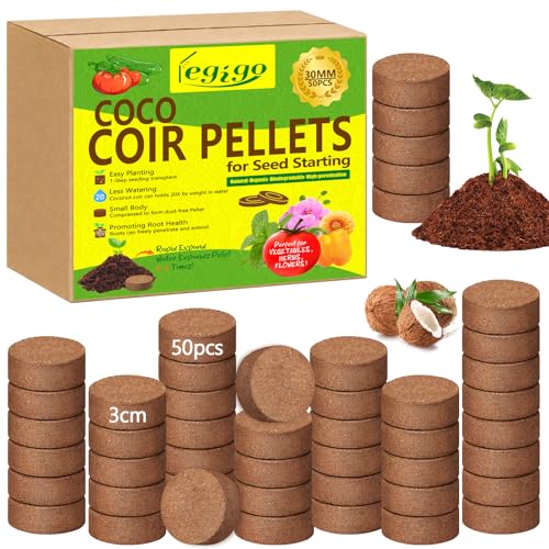 Legigo 50 Pcs 30mm Coco Coir Pellets Seed Starter Soil Mix- Organic Coconut Coir Potting Soil Pods for Seedling, Coco Peat Soil Discs for Indoor & Outdoor Plants Bonsai Herbs Vegetables and Flowers - color: 30mm