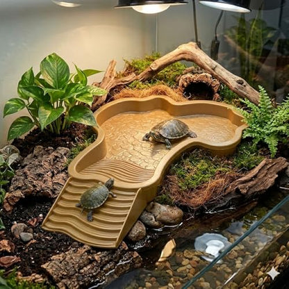 Large Turtle Water Bowl, Reptile Bathing Pool Tortoise Water Dish Bearded | Dragon Water Fountain Non-Slip Reptile Food Dish for Tortoise Gecko Lizard Snake Terrarium Habitat (Brown)
