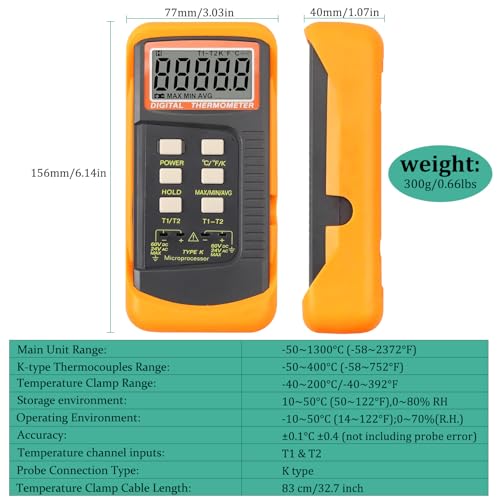 K Type Thermocouple Thermometer Dual Channels Thermocouple Tester (-58~2372°F) High Accuracy Temperature Kelvin Scale Meter with 2X Temperature Clamp & 2X Pipe Thermocouple Probes
