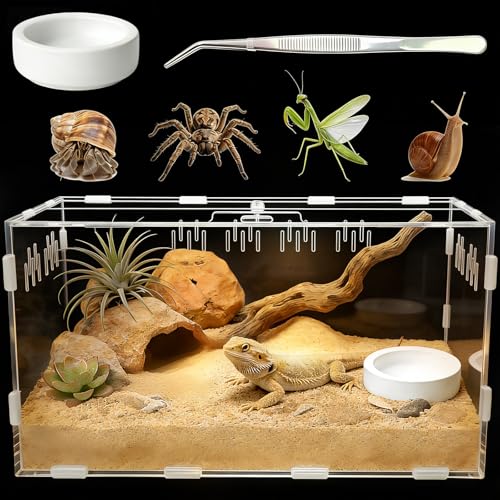 Acrylic Reptile Terrarium, Tarantula Enclosure with Magnetic Door, Easy-Clean Reptile Tank for Spider, Insect, Gecko, Mantis, Frog, Snail, Isopods- 11.4" X 7.8" X 5.9"(Tweezer and Bowl Included)