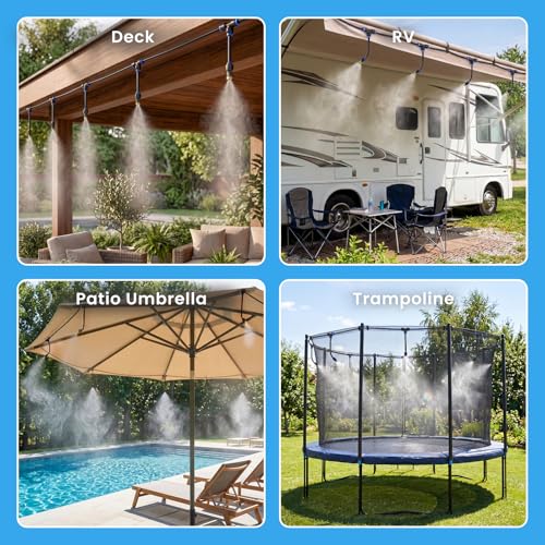 homenote Adjustable Misting System, 360° Flexible Brass Nozzles, 65FT Pre-Assembled Mister Hose for Patio Cooling, Garden Irrigation, Greenhouse Watering, Pet Chicken Coop Cooling - size: 65FT / 20M