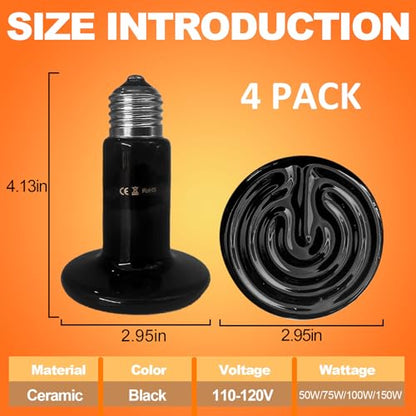 BNOSDM Reptile 150W Ceramic Heat Emitter,4 Pack Reptiles Heat Lamp Bulbs,Brooder Coop Heater Lamp Bulb for Amphibian Reptiles Turtle Lizard Chicken - color: Pack of 4/Black, size: 150 Watts