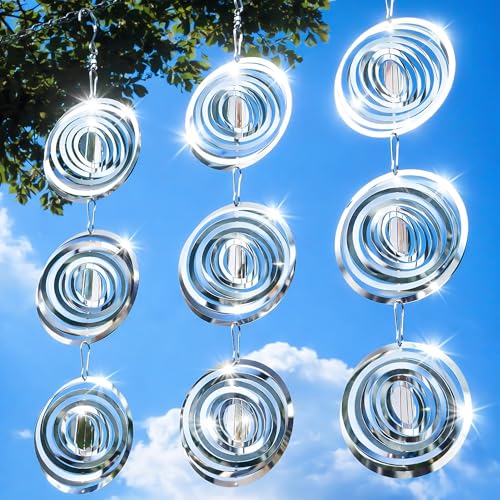 Bird Deterrents for Outside, Reflective 3D Stainless Steel Wind Spinners, Garden Decor, Bird Scare Devices to Keep Woodpeckers, Pigeons Away from Your House, Patio, Orchards - color: Silver Round