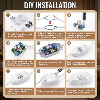 2 Pack Upgraded Inline Dimmer Switch for Lamp Cord, Full Range Rotary Dimmer Switch for Lamps & Pendant Lights, UL Certification, No Solder for Dimmable LED, Incandescent & Halogen Bulbs (White)