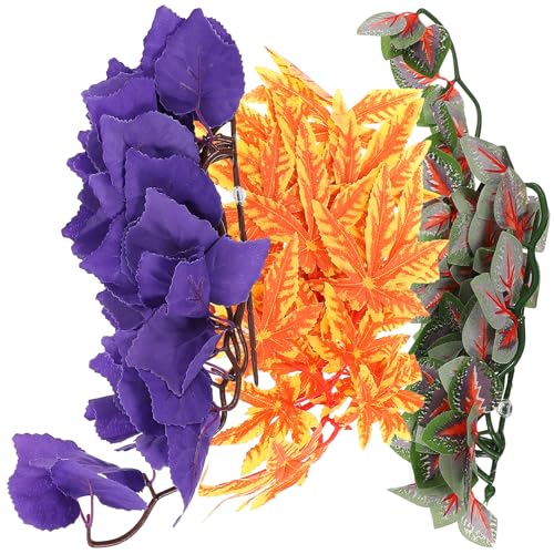 Happyyami 3pcs Artificial Reptile Plant Ornaments with Suction Cups, Simulation Fake Climbing Leaves for Terrarium Habitat Decor, Lifelike Green Foliage for Lizard and Amphibian Tanks
