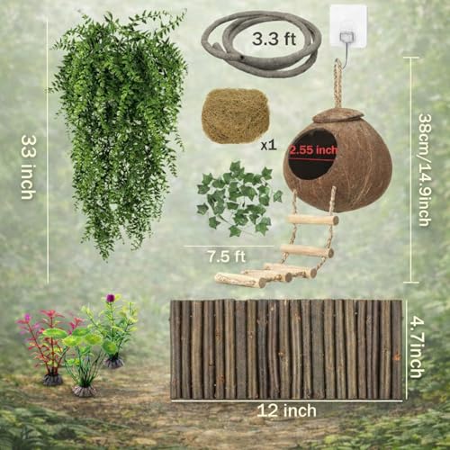 HERCOCCI Crested Gecko Tank Accessories, Reptile Hanging Plants Vines with Coconut Shell Ladder Hideout Hermit Crab Decor for Lizard, Chameleon Cage, Snakes, Hermit Crab, Leopard Gecko