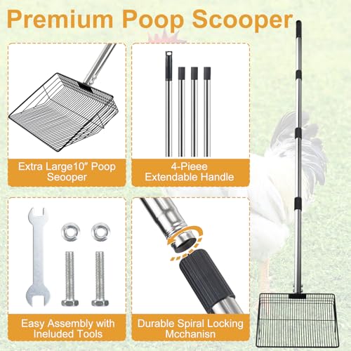 Leimaq Chicken Poop Scooper, Large Metal Chicken Coop Scoop for Stand with Adjustable Stainless Steel Long Handle, Litter Sifting Shovel for Chicken Coop and Pet Waste Cleaning