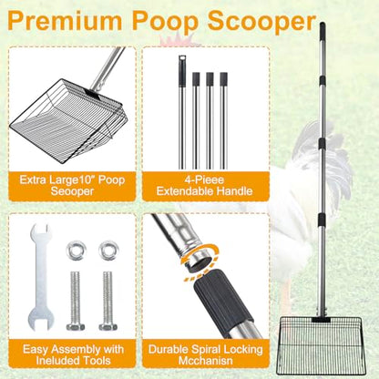 Leimaq Chicken Poop Scooper, Large Metal Chicken Coop Scoop for Stand with Adjustable Stainless Steel Long Handle, Litter Sifting Shovel for Chicken Coop and Pet Waste Cleaning