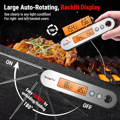 TempPro TP610 Rechargeable Instant Read Meat Thermometer with Foldable Probe & Wired Leave-In Probe, Waterproof Cooking Thermometer with Alarm & Backlit for BBQ Grill Smoker Oven(Previously ThermoPro)