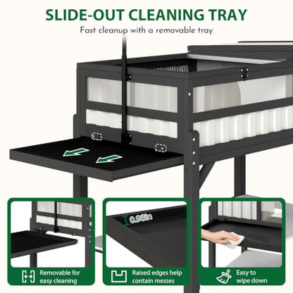 Modern Black & White Tortoise Habitat with Privacy Hide Panel, 2-Zone Wooden Reptile Enclosure with Adjustable Lamp Stand, Storage Shelf, Acrylic Viewing Window for Tortoises, Geckos & Small Reptiles