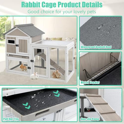 Gowoodhut 46.5" L Rabbit Hutch Indoor Outdoor Rabbit Cage with Run, Pull Out Tray, Asphalt Roof Large 2 Story Bunny Hutch Wooden Chicken Coop Guinea Pigs Pet House Cage for Small Animals,Grey - size: PET31NEW