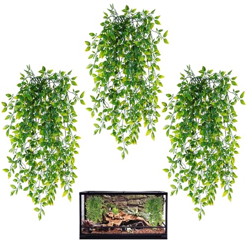 HERCOCCI Reptile Plants, 3 Pack Terrarium Hanging Plants Vines Artificial Leaves Habitat Decorations with Suction Cup for Bearded Dragon Hermit Crab Lizard Snake Geckos Chameleon - color: 3 Pack
