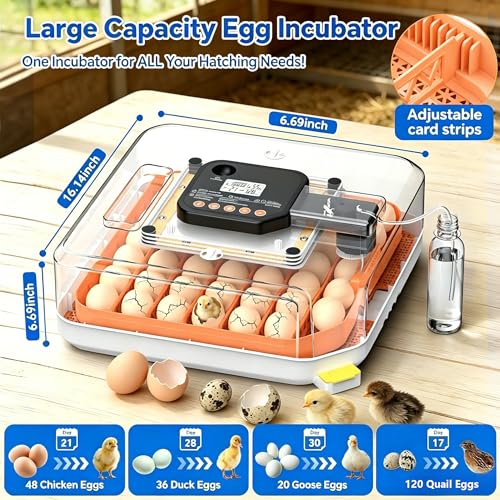 48 Egg Incubator with Auto Turner, Digital Temperature and Humidity Control, Built-in Egg Candler, External Water Refill - for Hatching Chicken, Duck, Quail, Goose Eggs