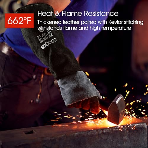 COOLJOB Bite Proof Animal Handling Gloves, Cowhide Leather with Kevlar Stitching for Cat Grooming, Dog Training, 16/22” - color: Blue-black, 22"