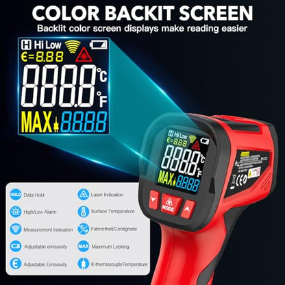 Infrared Thermometer Gun - TEMIRUP Non-Contact Digital Laser Temperature Gun with Color LCD Display for Cooking, Griddle, Engine, HVAC, IR Temp Gun with Adjustable Emissivity,-40℉~1202℉(-40℃~650℃) - color: Red -40℉~1202℉(-40℃~650℃)