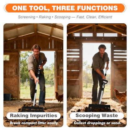 12 Inch Chicken Poop Scooper & Rake, 2-in-1 Stainless Steel Chicken Coop Scoop with Adjustable Handle, Litter Sifting Shovel Cleaning Tools for Chicken Coops, Yard Cleaning, Black[2026 Upgraded]