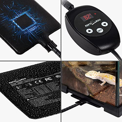 REPTI ZOO Upgrade Reptile Heat Mat with Thermostat - 8 x 12 Inch Reptile Heating Pad with Temperature Control for 30-40 gal Tank Reptiles Amphibians Hermit Crab Snake Lizard - size: 23W