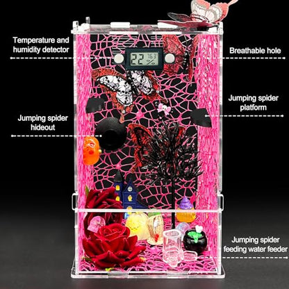 Jumping Spider Enclosure,DIY Insects Habitat,Small Reptile Terrarium Glass House Accessories Set,with Temperature and Humidity Detector Water Feeder Platform Hide,5.5“x5.5”x9.5“ (Pink) - color: Pink